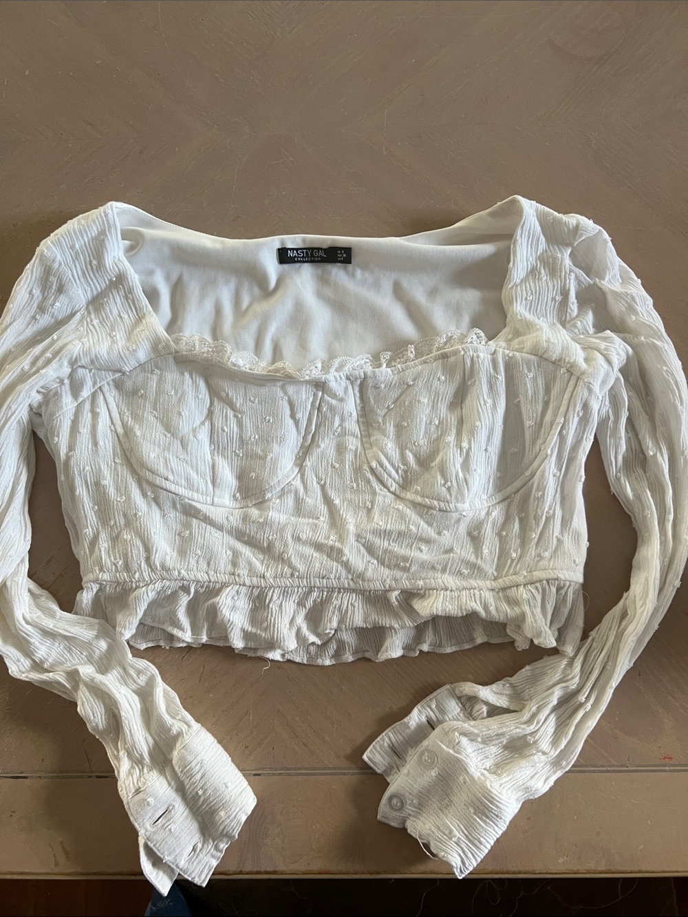 Nasty Gal White Textured Ruched Long Sleeve Crop Top